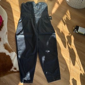 Express Women’s Dark Denim Sweetheart Neckline Tapered Leg Jumpsuit